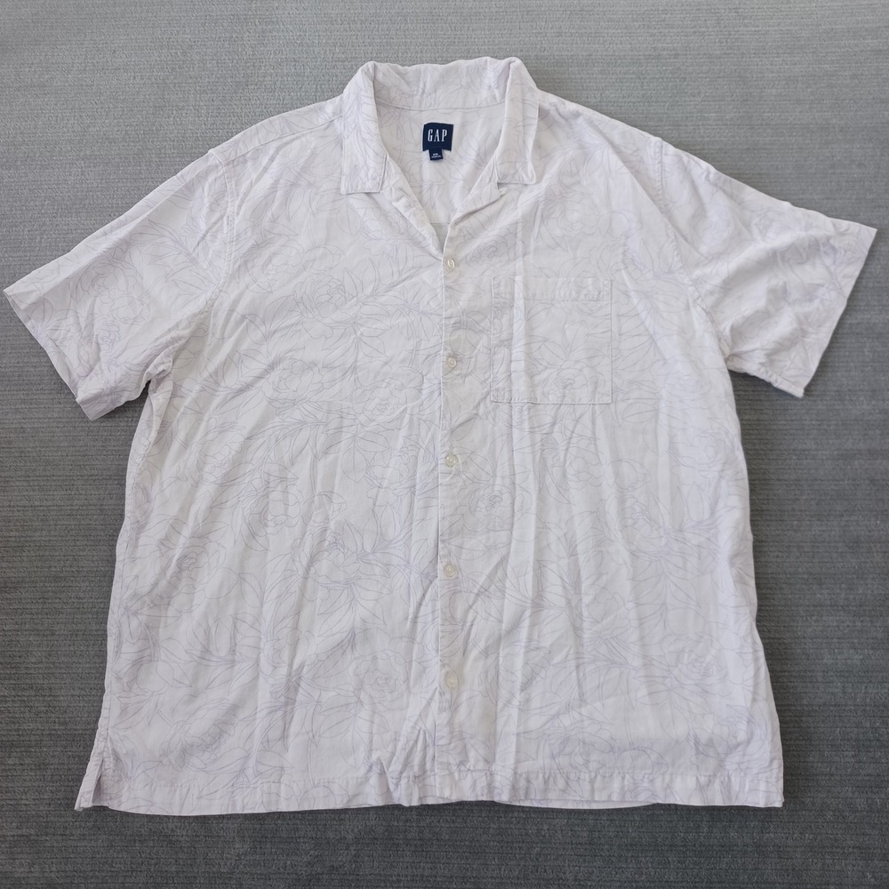 Gap Floral Loop Colar Shirt Mens 2XL White Button Up Club Hawaiian Resort Linen